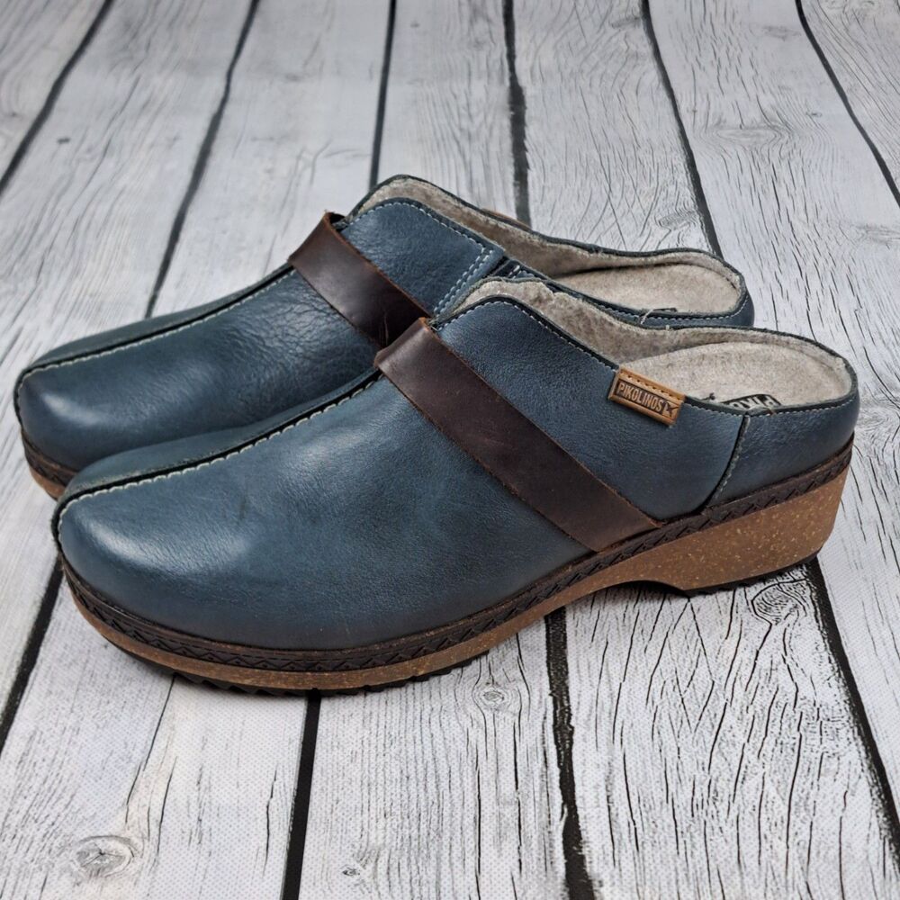 Pikolinos Granada Clogs Women’s 7.5 38 Blue Leather Brown Slip On Shoes Spain